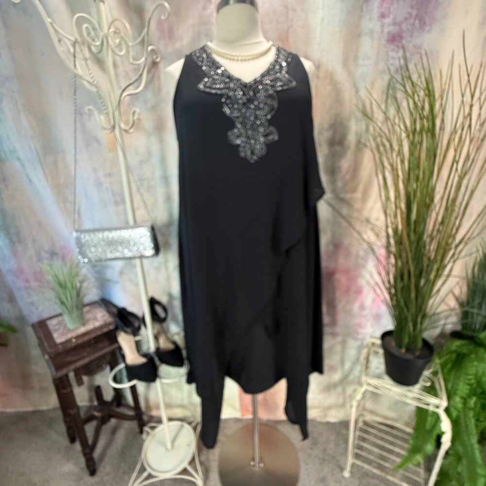 📌OCSTRADE Chiffon Overlay Sequins Flowy Cocktail  Midi Asymmetric Hem Dress